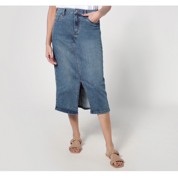 Canyon Retreat Dresses & Skirts - Denim & Co. Canyon Retreat Easy Stretch Skirt Midi Skirt 14 Front Slit Casual